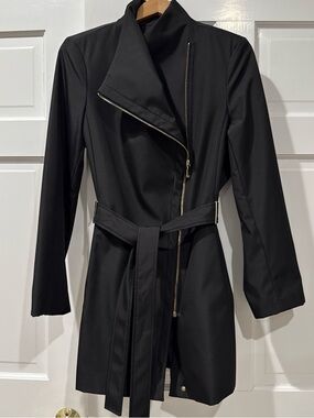 Calvin Klein Black Asymmetrical Zip Trench Coat with Belt